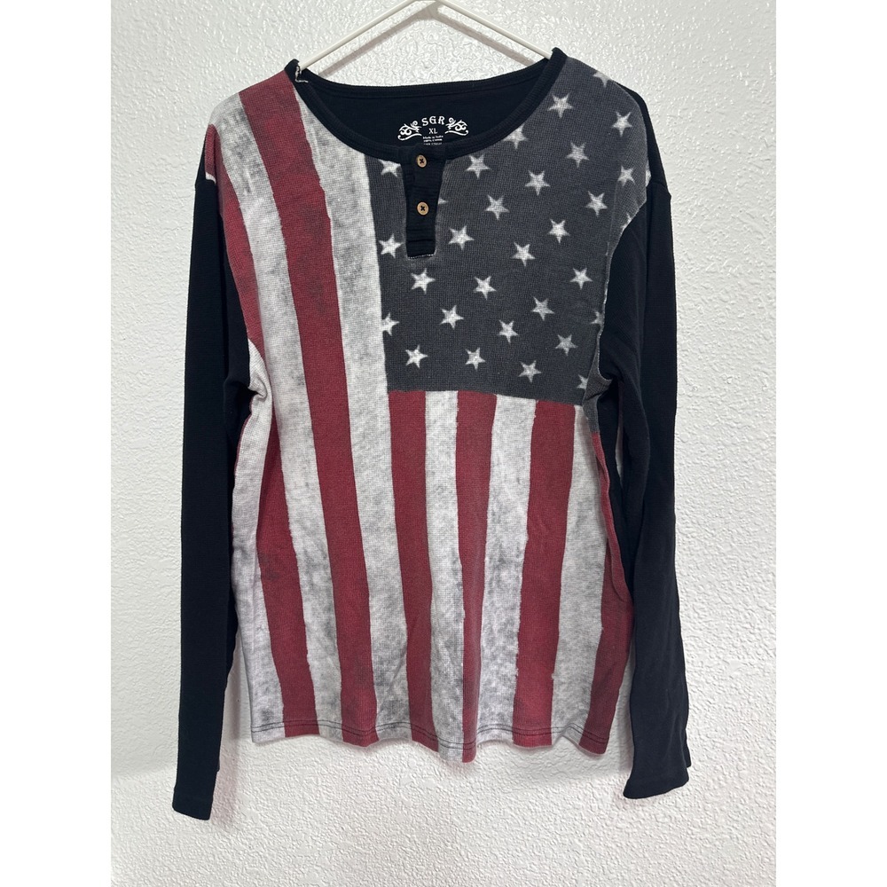 SGR Mens XL American Flag Thermal Henley Long Sleeve Waffle Knit Shirt Black USA